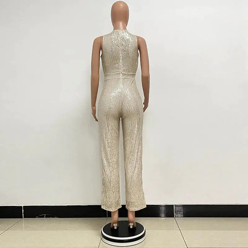 Sequined seamless jumpsuit for women, sleeveless, high-waist, champagne gold, Simples Market