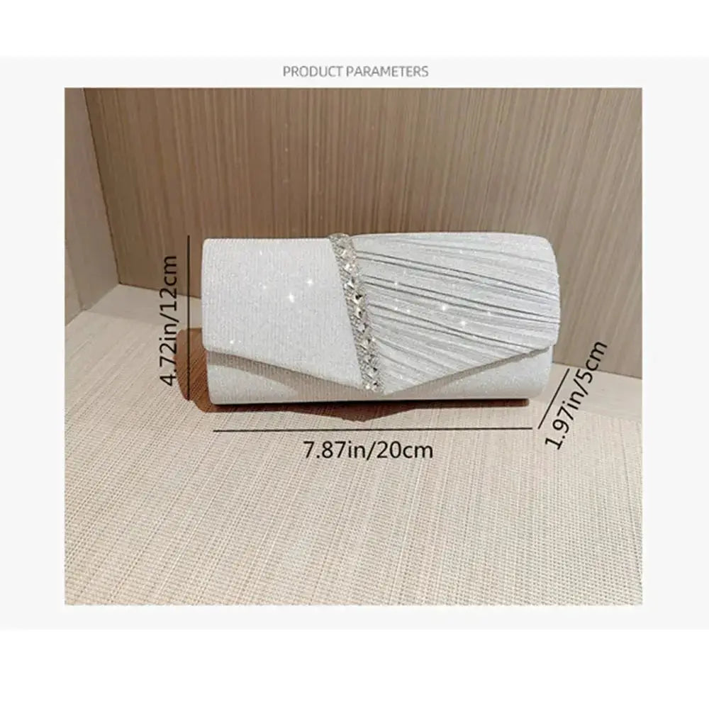 Sequined clutch bag in white-silver glitter with crystal-embellished diagonal band, chain shoulder strap, 20cm long