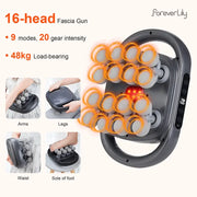 16-head fascia gun massage device; gray body with orange-highlighted heads and Forever Lily logo