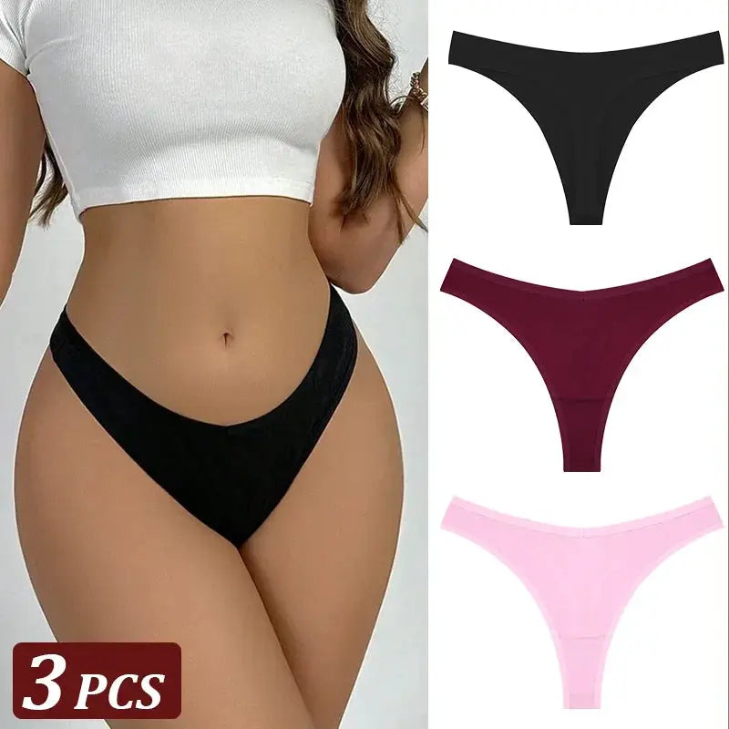 3-pack seamless cotton thong underwear for women in black, burgundy, pink; low-waist T-back
