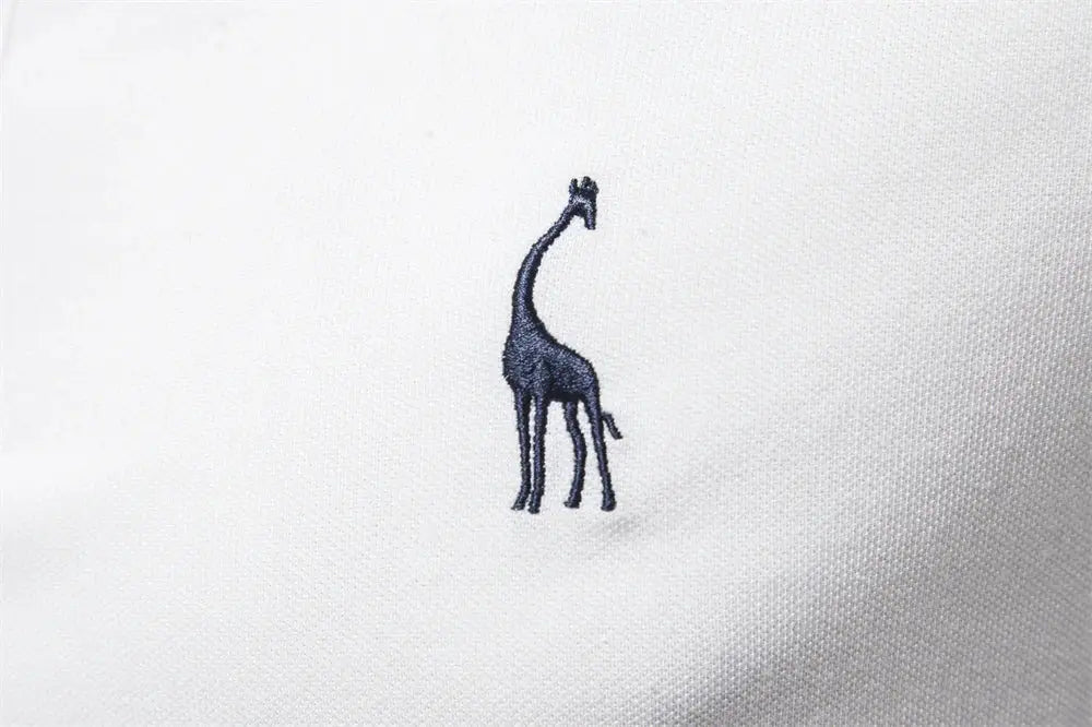 Men's cotton polo shirt with short sleeves and dark blue giraffe embroidery on white fabric