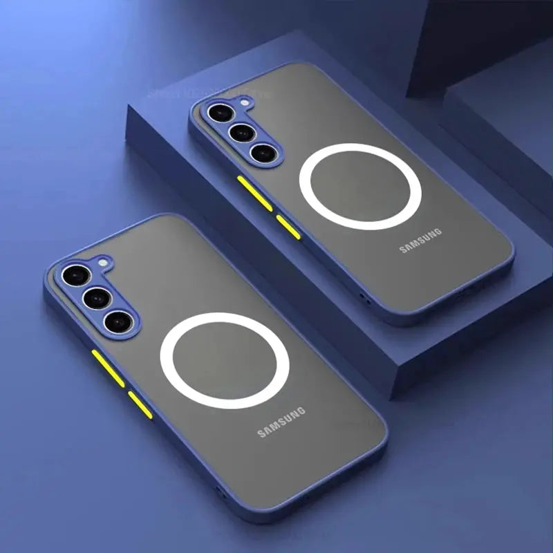 S26/S25 Ultra Plus Armor case by Simples Market; matte frosted back with magnetic wireless ring, blue edges on two cases