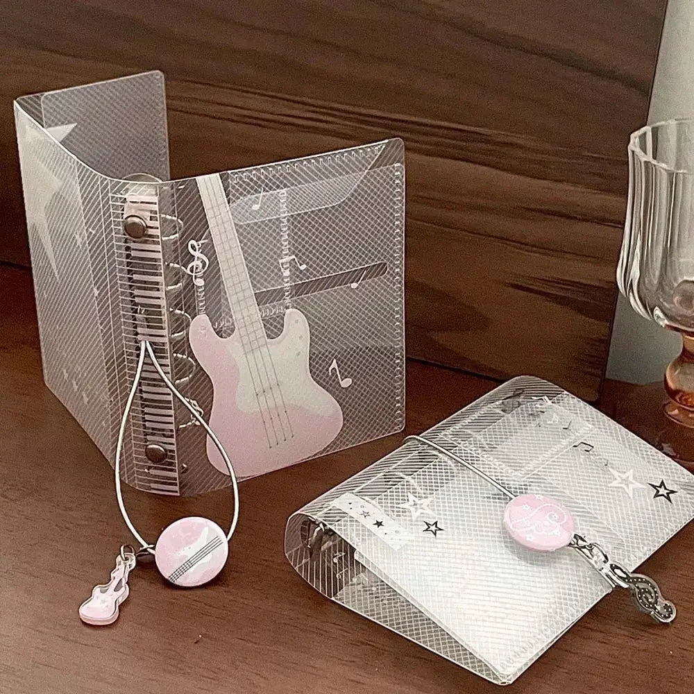 Simples Market M5 music-theme binder notebook scrapbook set of two; PP twill tri-fold with tie closure, pink guitar artwork