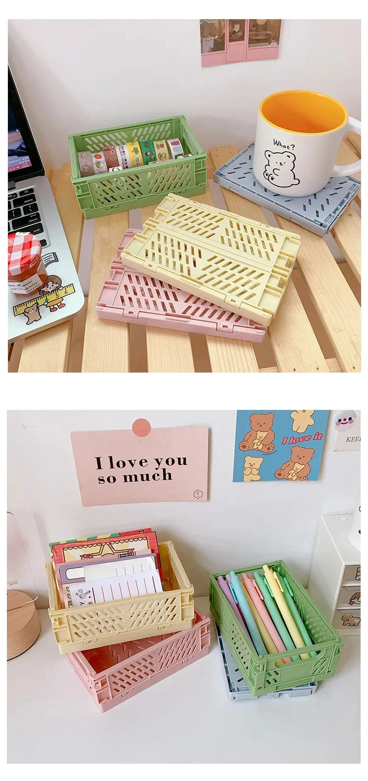 Foldable plastic desk storage baskets; set of four pastel colors (green, yellow, pink, blue) by Simples Market
