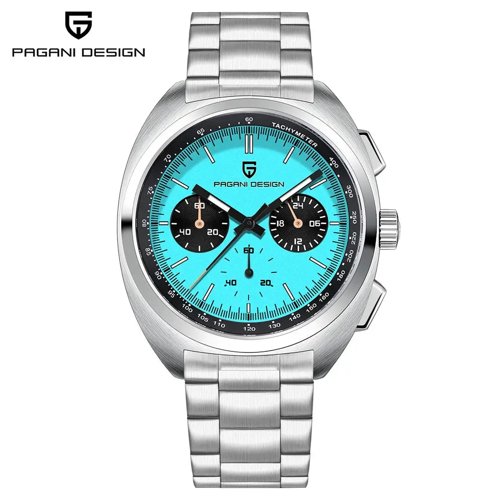 Pagani Design VK63 chronograph watch with turquoise dial, black subdials, stainless steel bracelet.