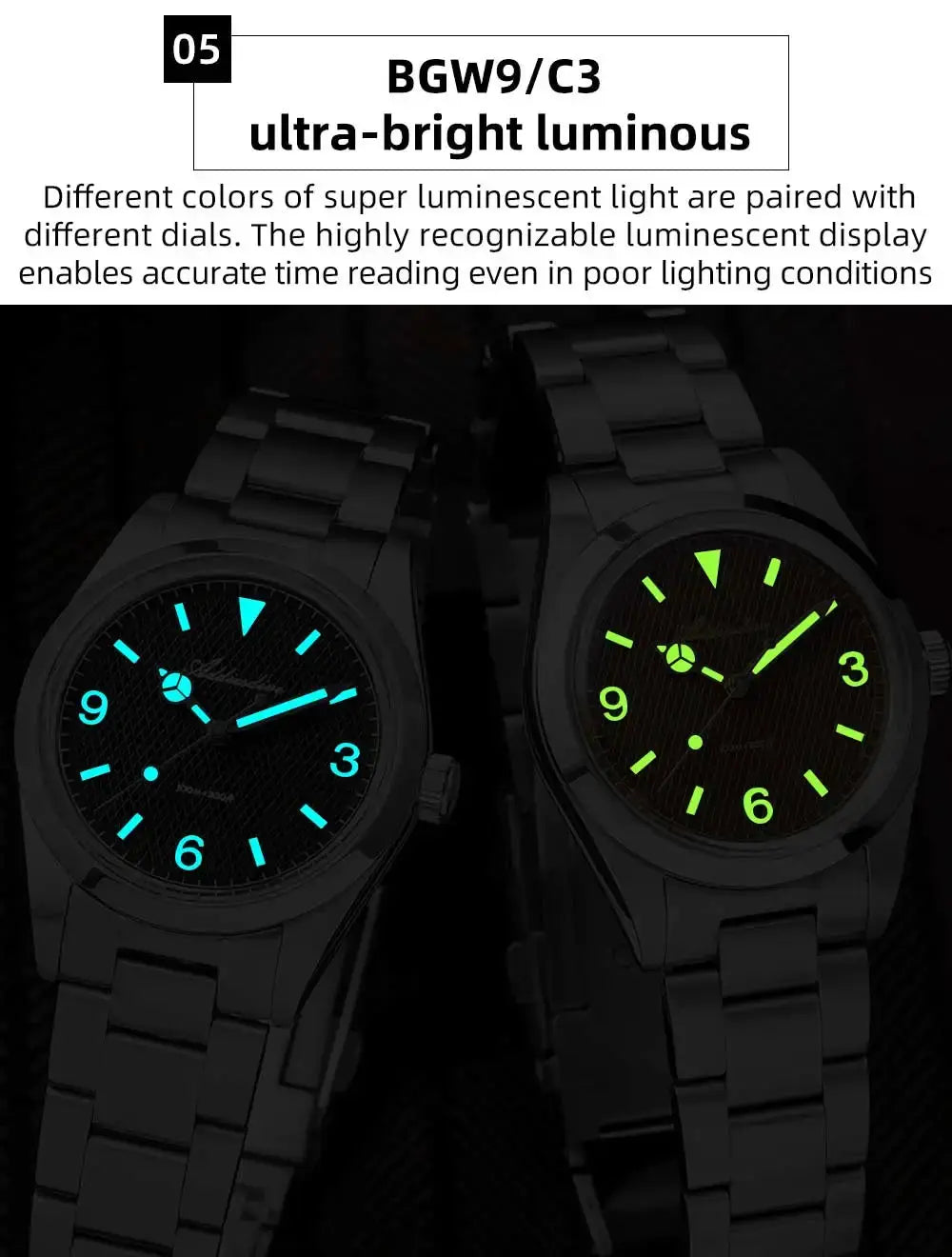 ADDIESDIVE men's analog watch, two watches shown with stainless steel bracelet and luminous blue/green dials.