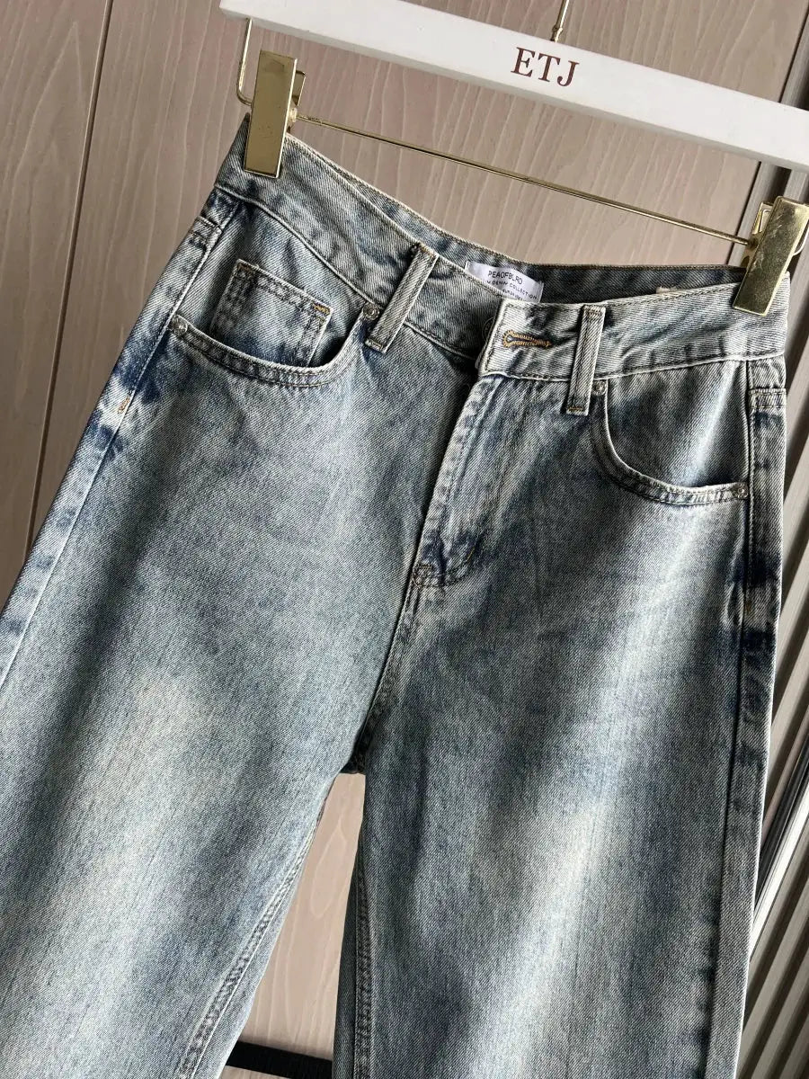 ETJ Wide Leg High Waist Jeans Women Five Pocket Washed And Comfortable