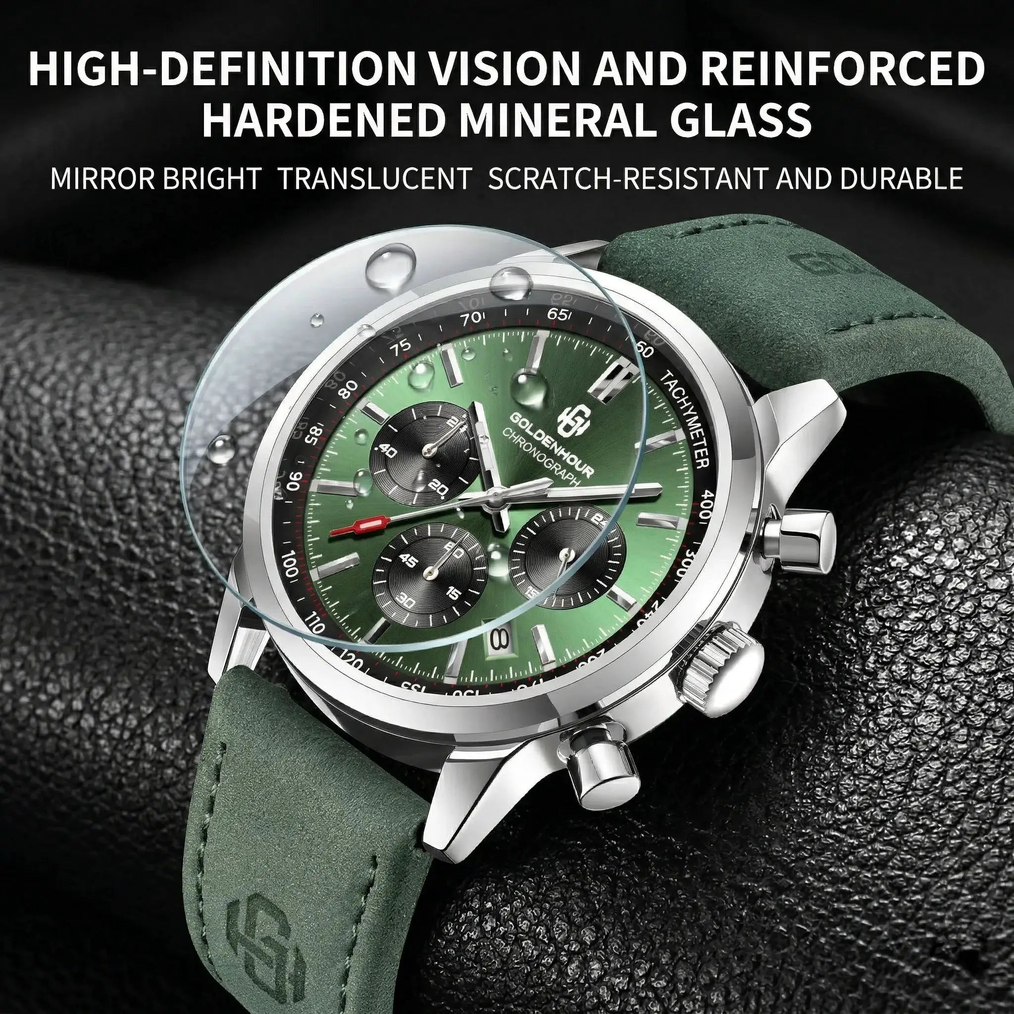 GoldenHour green chronograph watch with green leather strap and stainless steel case