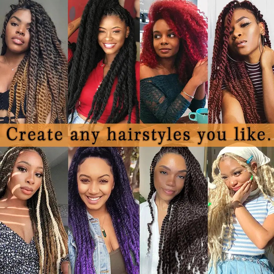 Marley Hair 18-inch synthetic Marley braiding hair in ombre black brown blonde grey, displayed on eight models
