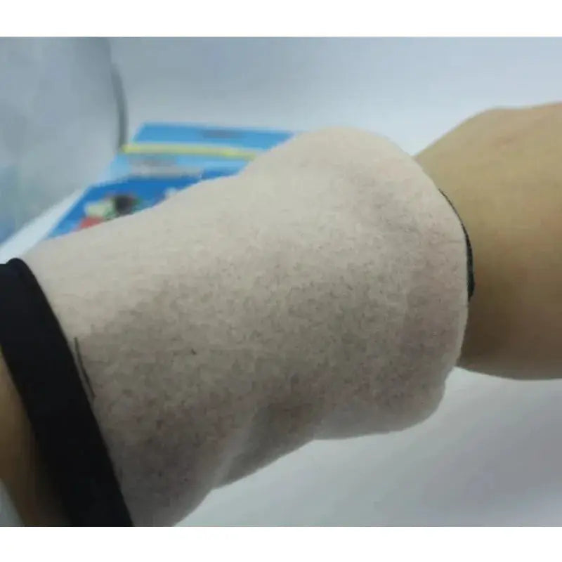 Mini wrist wallet with zipper, beige cotton fabric and black strap