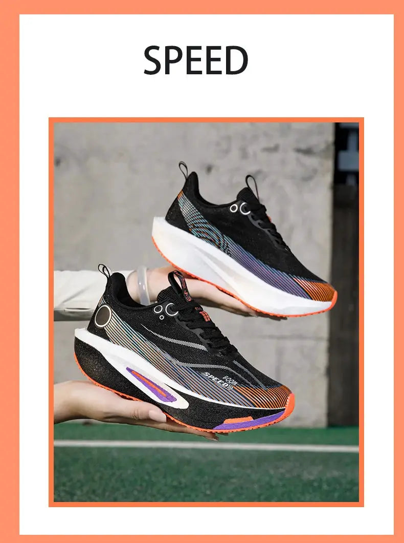 Pair of carbon-plate running shoes, black with orange outsole and blue-purple gradient side stripes