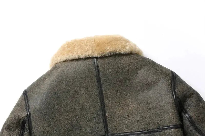 Simples Market men's leather shearling fur jacket with beige collar, back view.