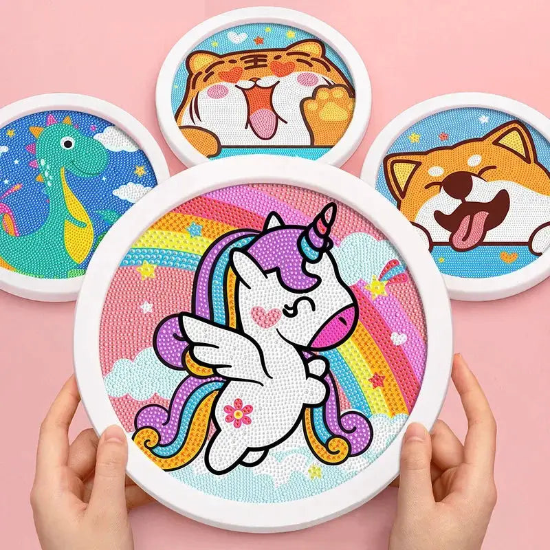 Round Frame Unicorn Diamond Painting Kit For Kids And Teens With Kitten Dinosaurs And Tigers Creative Diamond Art