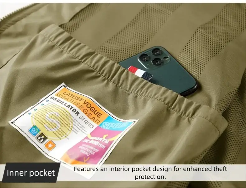 Tan men's outdoor vest with multiple pockets, inner pocket for phone, breathable mesh back.