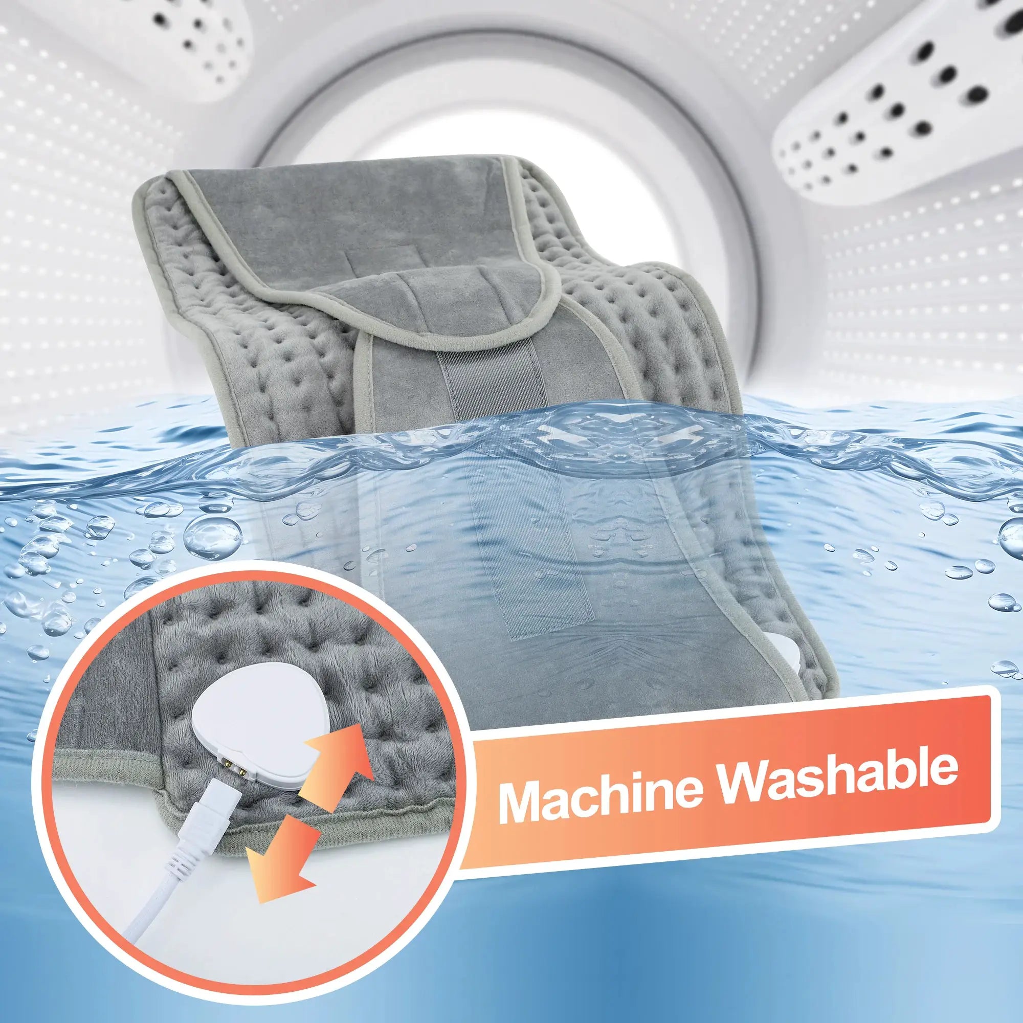Gray back heating support belt with adjustable temperature, plush interior, machine washable.