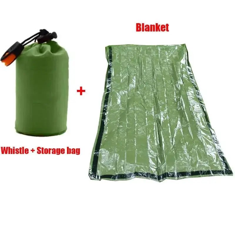 Simples Market portable green waterproof emergency sleeping bag 2-item set with whistle; includes Mylar blanket