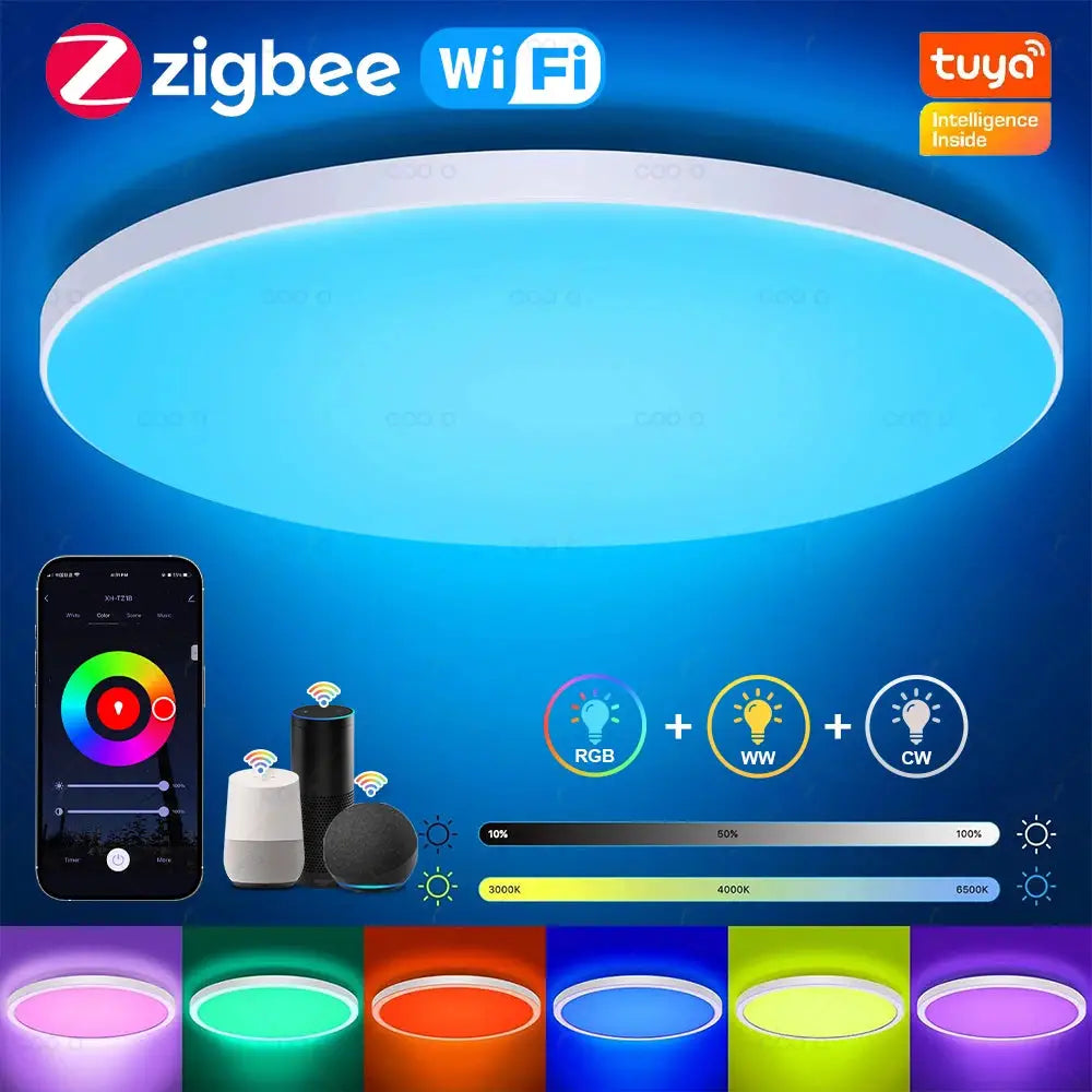 Round ceiling lamp by Simples Market; Tuya Zigbee RGB-CW smart LED ceiling light with WiFi, app and voice control