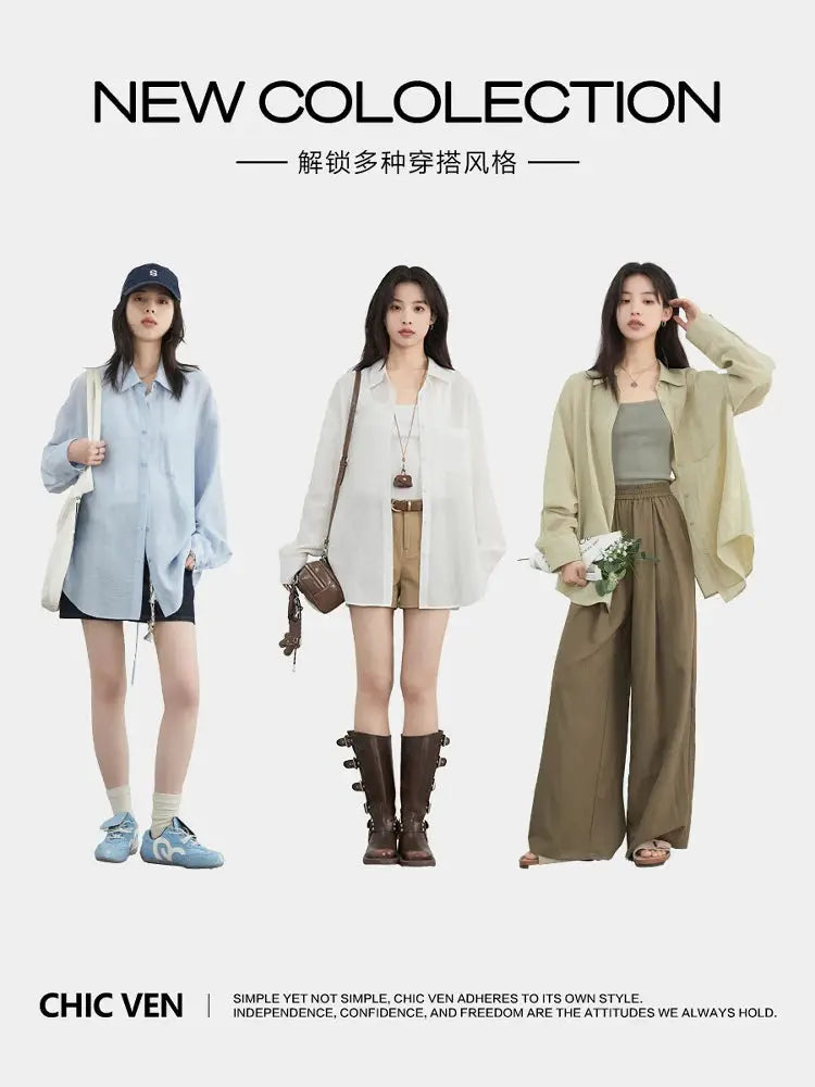 CHIC VEN women's oversized long-sleeve shirts; three models in blue, white, and khaki casual looks