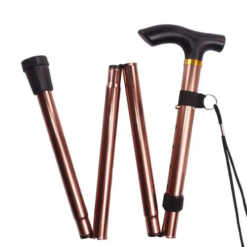 Telescopic walking stick copper-colored aluminum alloy folding cane with curved handle and wrist strap