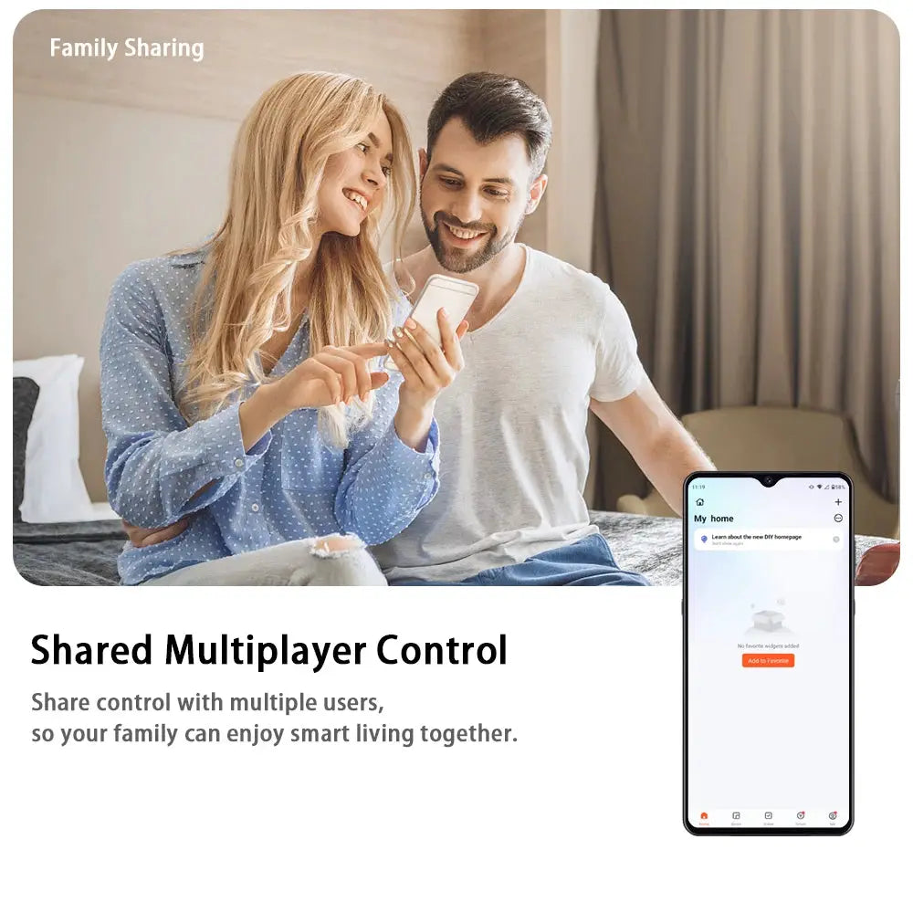 WIFI Smart Garage Gate Controller promo banner with a couple using a smartphone to control a shared home app.