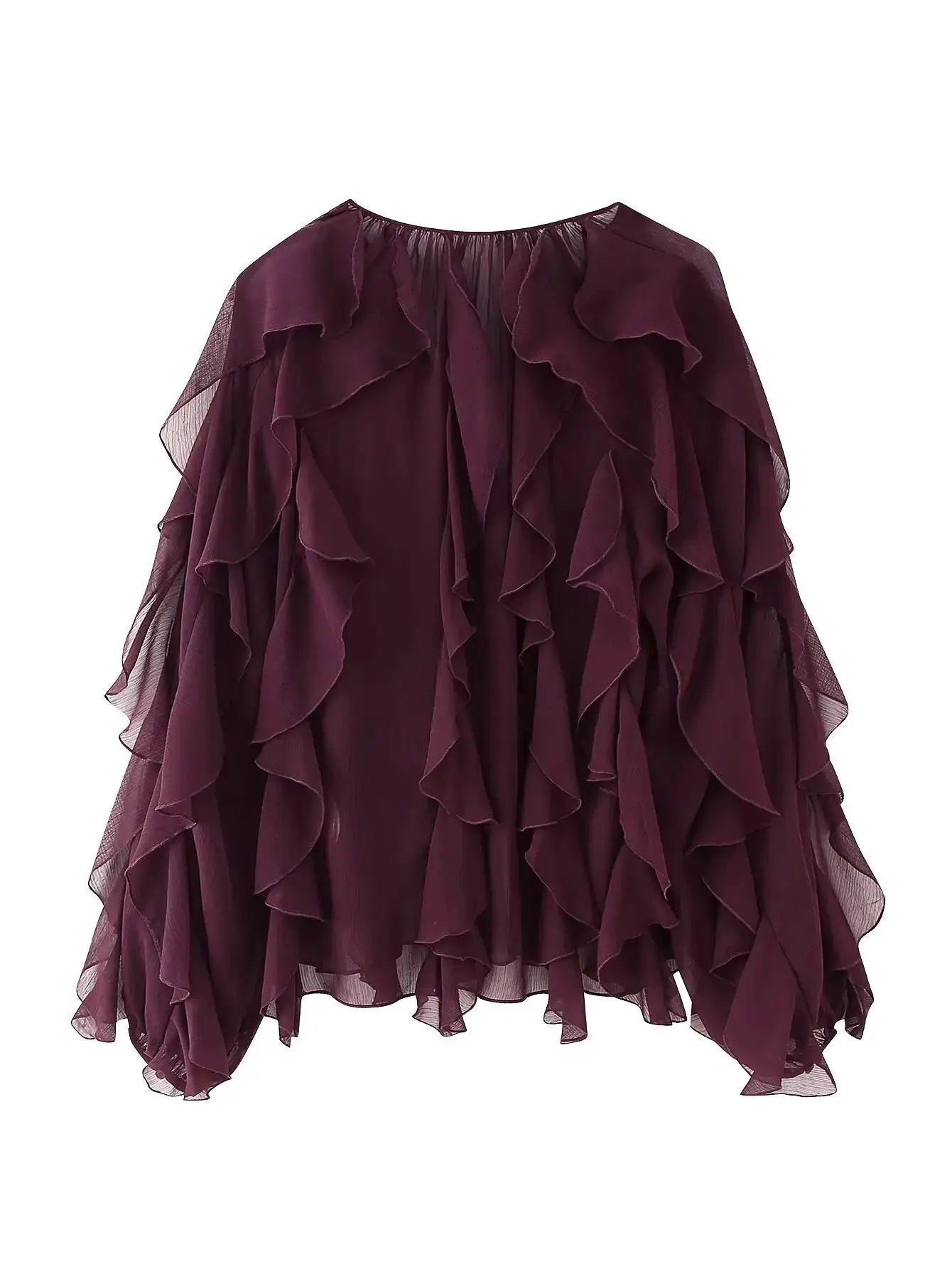 YENKYE burgundy semi-sheer ruffle blouse with cascading layers and long sleeves