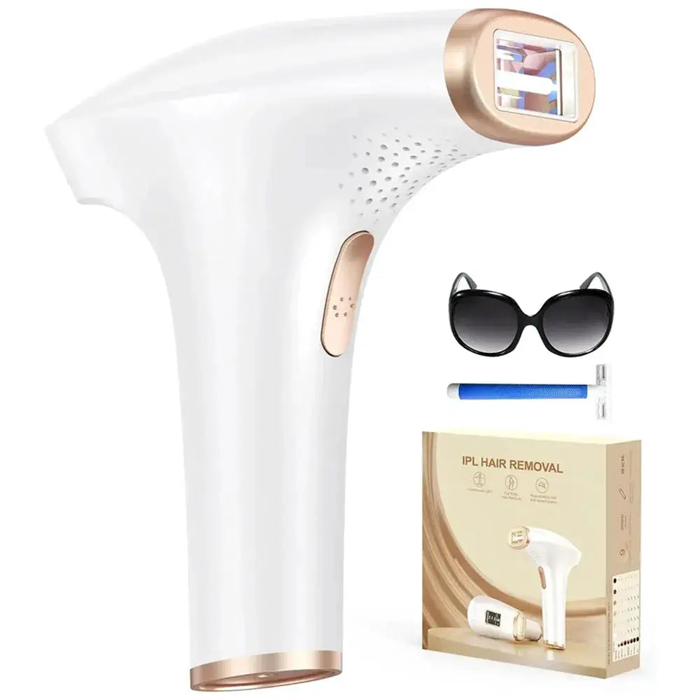 IPL hair removal device kit by Simples Market, white/gold wand with safety goggles and box