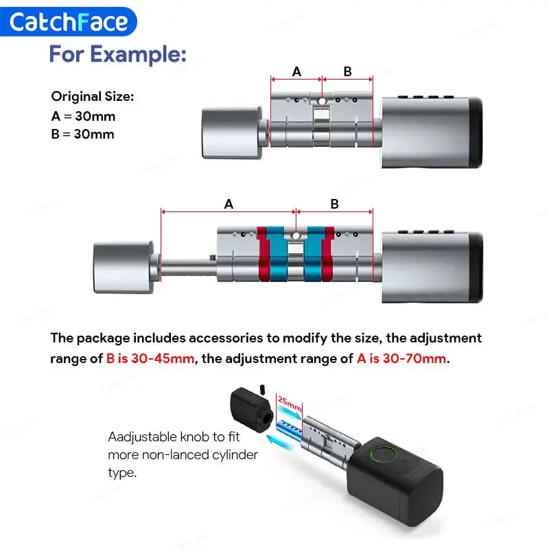 CatchFace V1 Pro+ smart door lock cylinder with fingerprint, password, RFID; adjustable 30–70mm.