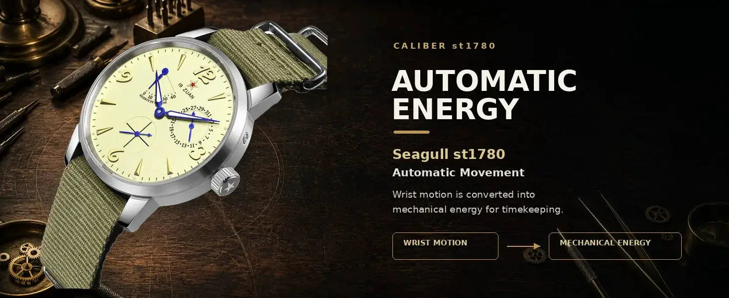 RED STAR 38mm men's chronograph pilot watch by Simples Market, Seagull ST1901 movement, beige dial, green canvas strap