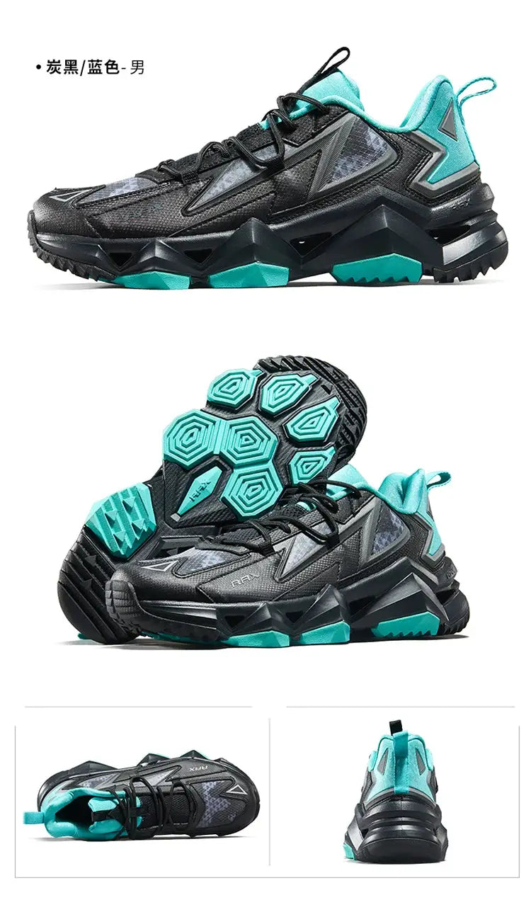Rax Men Waterproof Hiking Shoes in black with turquoise accents and rugged chunky outsole
