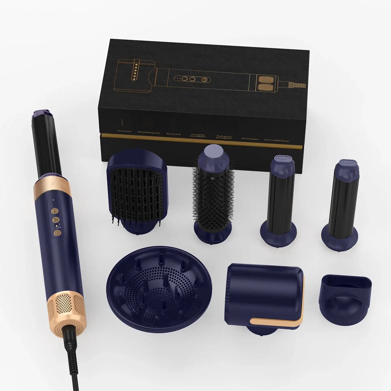 Simples Market 7-in-1 hair dryer brush set with diffuser and attachments in navy blue with rose-gold accents