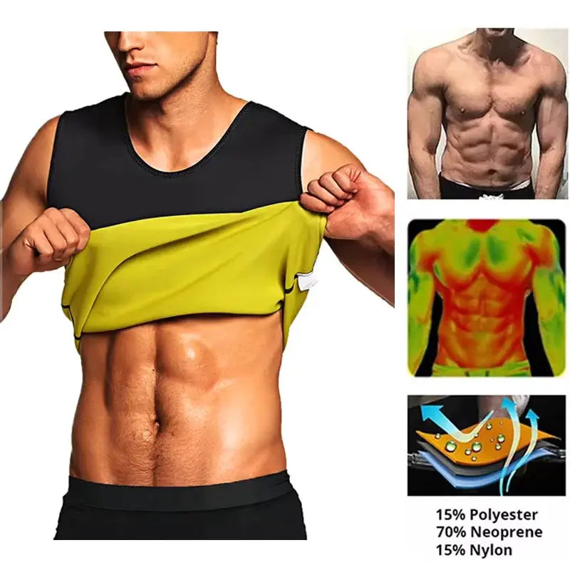 Simples Market men's waist trainer vest shapewear; black neoprene body shaper with yellow interior