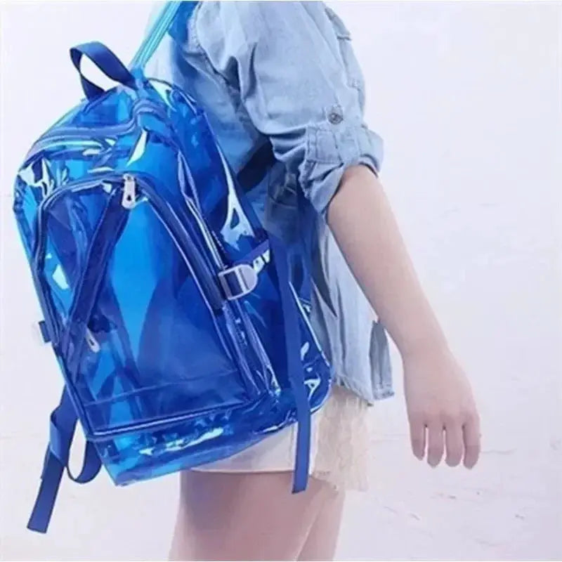 Fashion transparent blue PVC backpack, clear plastic school bag with multiple zip pockets for teens