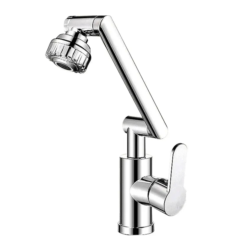 Simples Market chrome dual-mode rotating faucet with robotic arm for hot/cold basin sink.