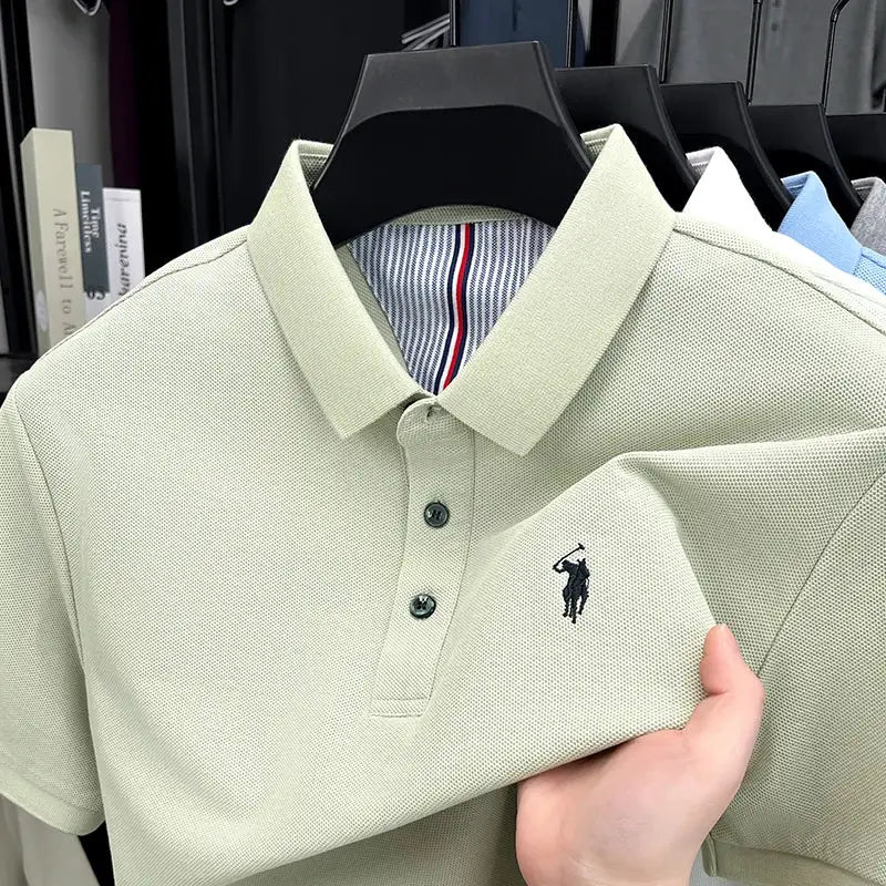 Polo shirt; Simples Market, pale green 100% cotton, short sleeves, three-button polo with pony embroidery