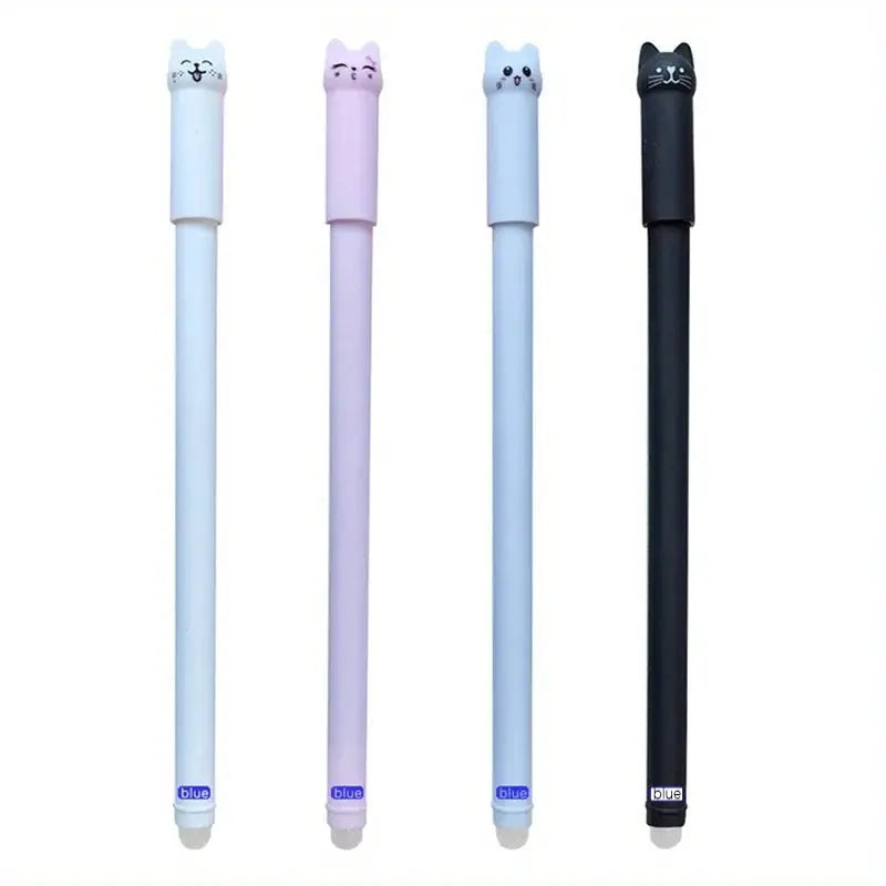 Simples Market cat-themed gel pen set, 4 pastel 0.5mm erasable pens with cat-head toppers blue/black ink