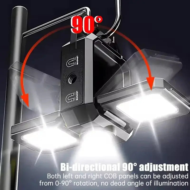 Simples Market mini keychain flashlight with 90-degree foldable COB side lights, dual panels, USB rechargeable, black.