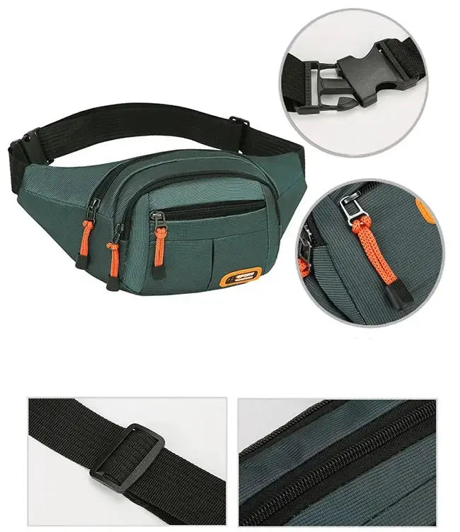 Oxford waterproof waist bag for men and women by Simples Market; green fabric with orange zippers and adjustable strap.