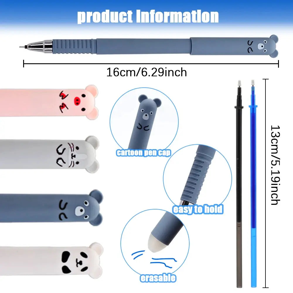 12pc Simples Market panda eraser gel pens set, 0.5mm blue/black ink, erasable with cartoon panda caps.