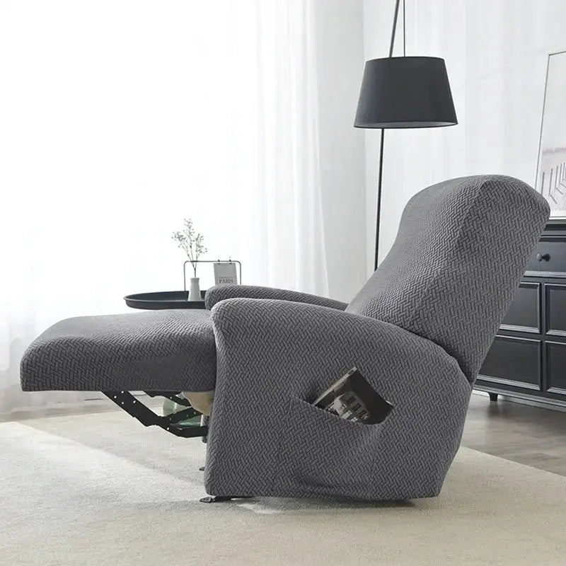 Jacquard stretch recliner chair cover in gray, non-slip slipcover for living room.