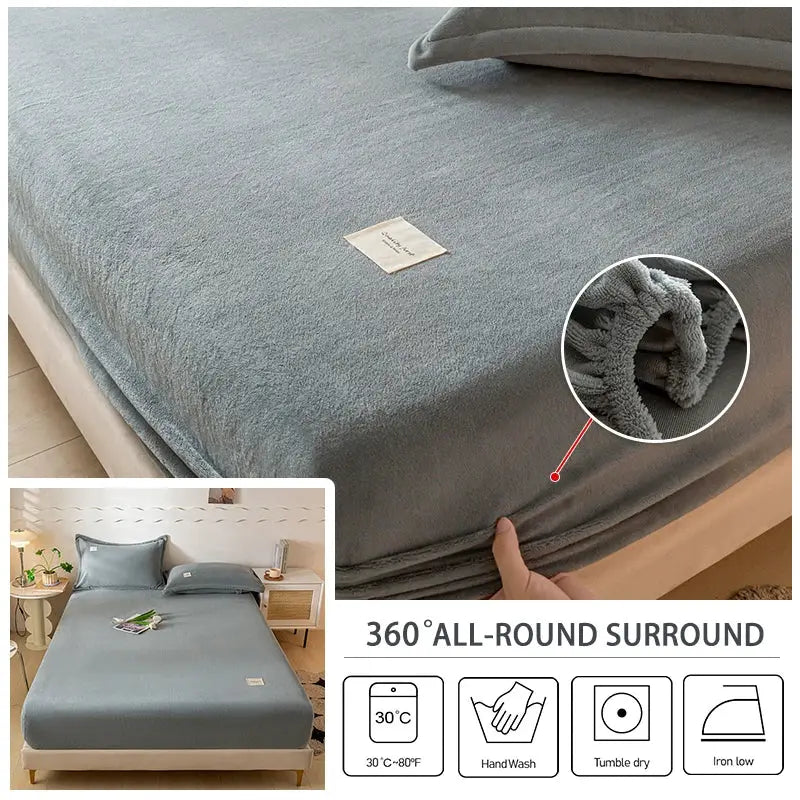 Velvet Thermal Mattress Cover by Simples Market in blue-gray plush fabric, 120x200 bed size.