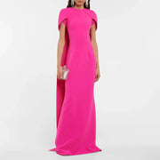 Hot Pink Mermaid Evening Dress O Neck Criss Cross Watteau Train Prom