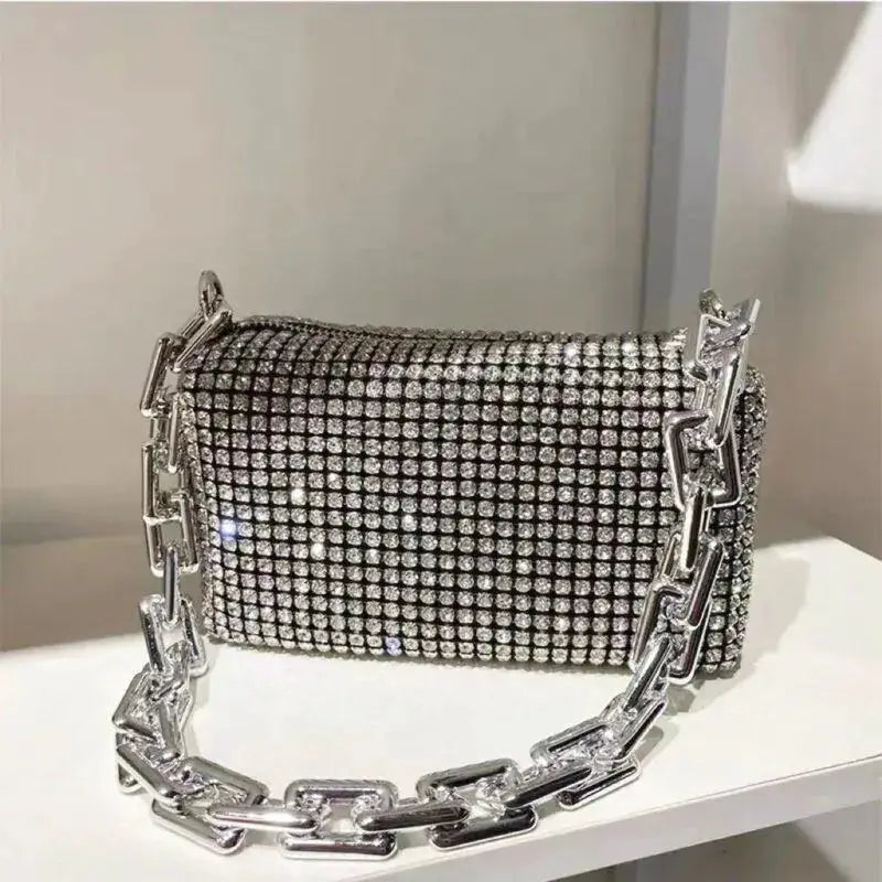 Allover Rhinestone Bucket Bag With Glitter Chain Prom Purse, Women's Mini Crossbody Bag