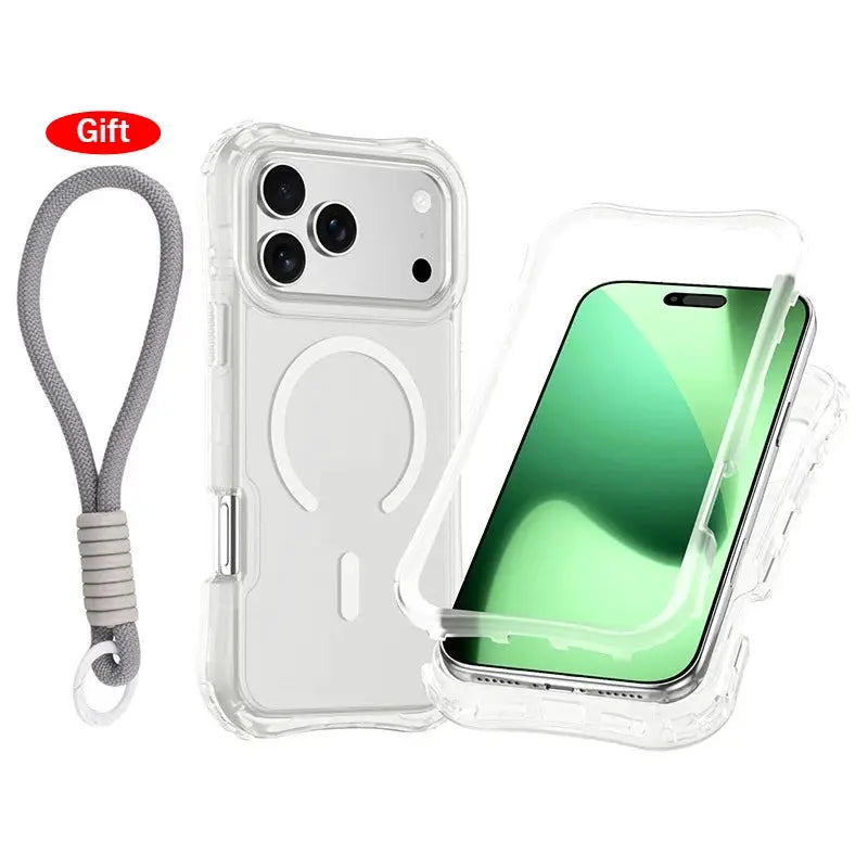 Simples Market Armor 3IN1 clear iPhone case with wrist strap; PC+TPU bumper, magnetic charging.