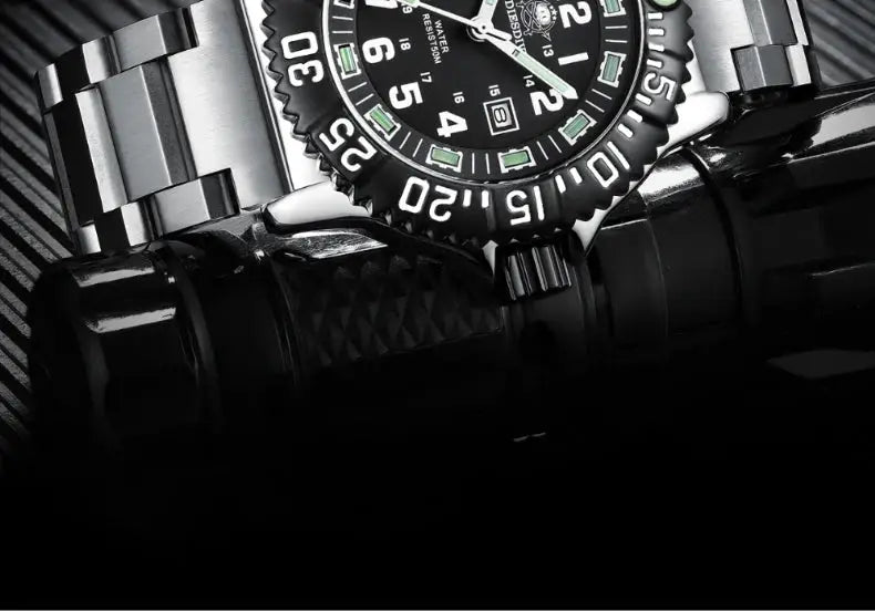 Addies Dive men's black-dial watch with rotating bezel, 50m waterproof, stainless steel bracelet and luminous markers