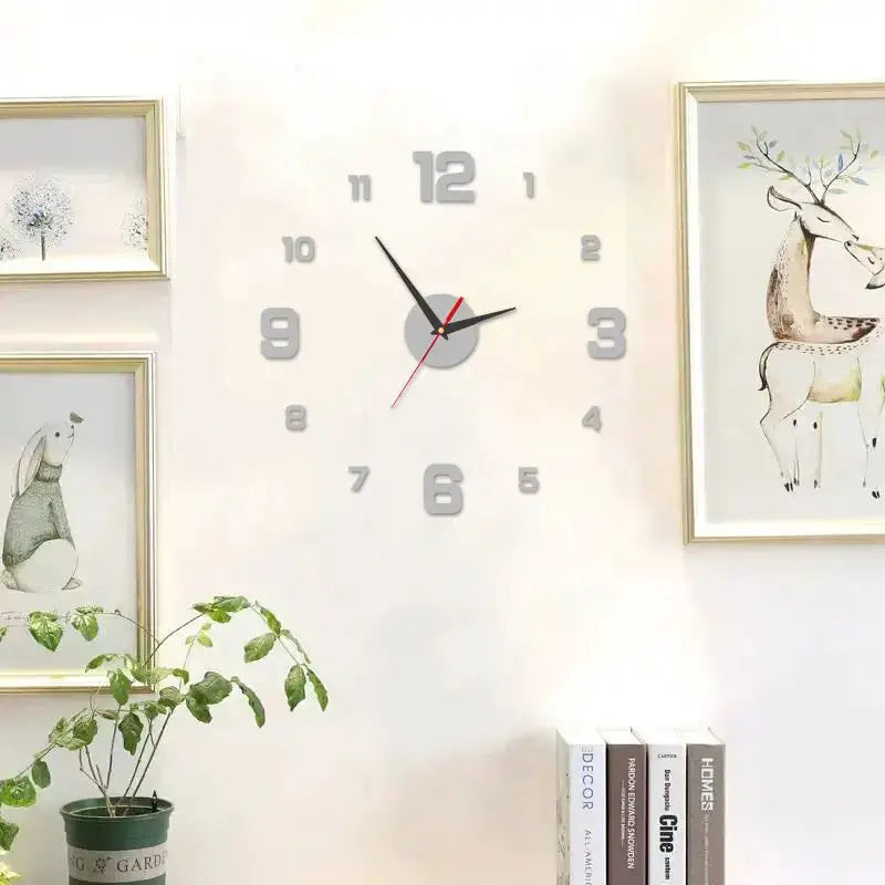 3D frameless DIY wall clock with large gray numerals, black hands and red second hand on white living room wall