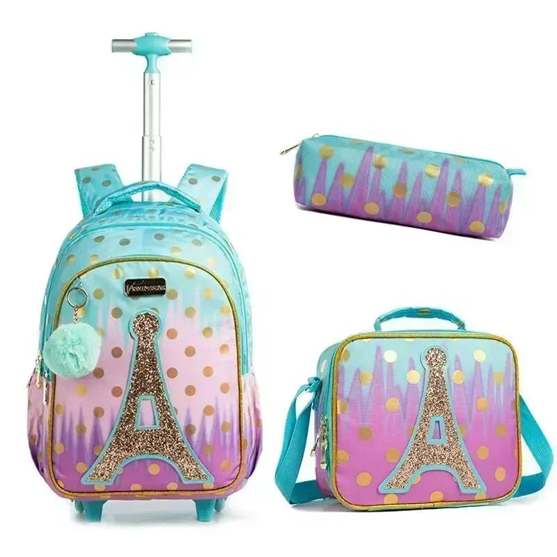 Simples Market 3-piece wheeled backpack set with lunch box and bag; teal–purple gradient with Eiffel Tower patches.