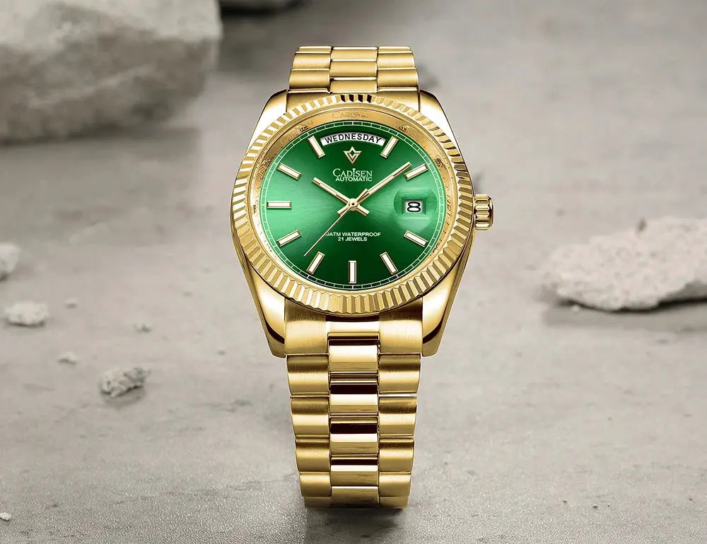 CADISEN DD40 men's luxury automatic wristwatch with gold-tone bracelet, green dial, AR sapphire glass.