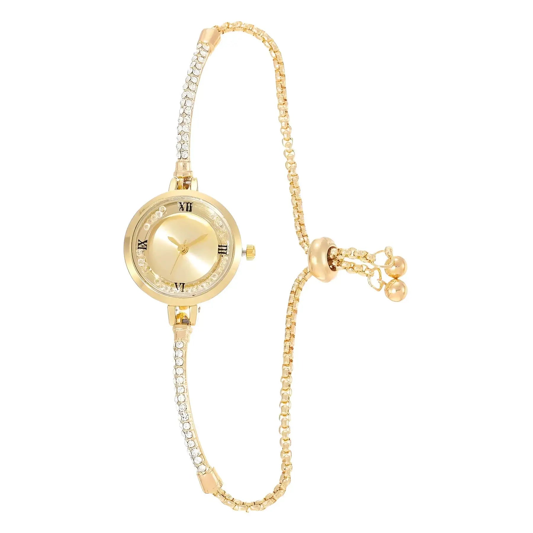 Gold-tone women's wristwatch with crystal-embellished bracelet and small round dial