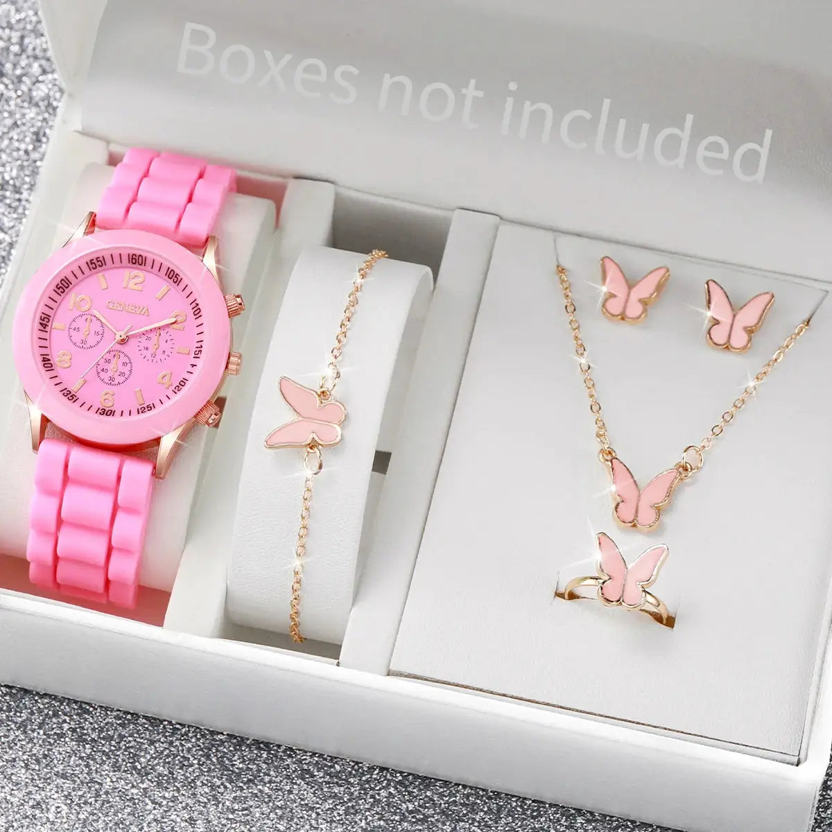 Simples Market pink silicone-band women's watch with butterfly jewelry set (bracelet, necklace, earrings, ring)