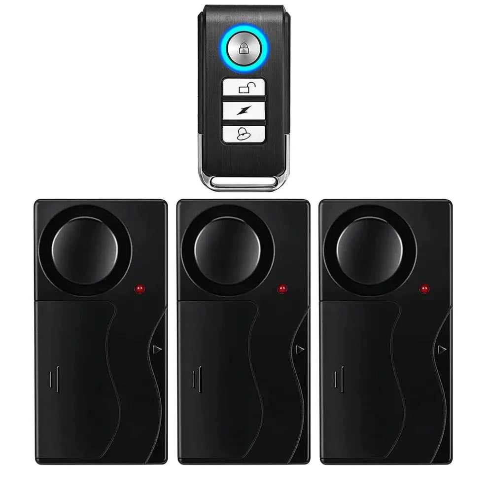 Simples Market wireless vibration alarm kit: 3 black door/window sensors and a black remote with blue ring, 110dB